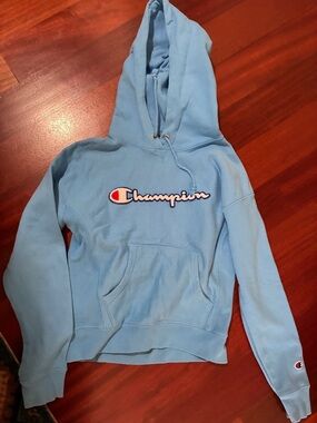 Champion Sky Blue Hooded Sweatshirt with Script Logo